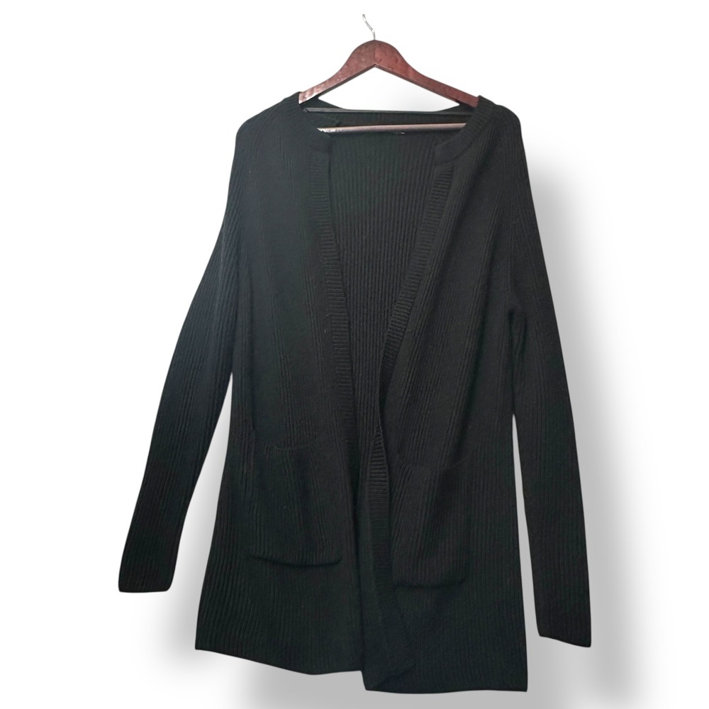 J McLaughlin Black Ribbed Knit Open Front Cardigan Womens M Minimalist Old Money